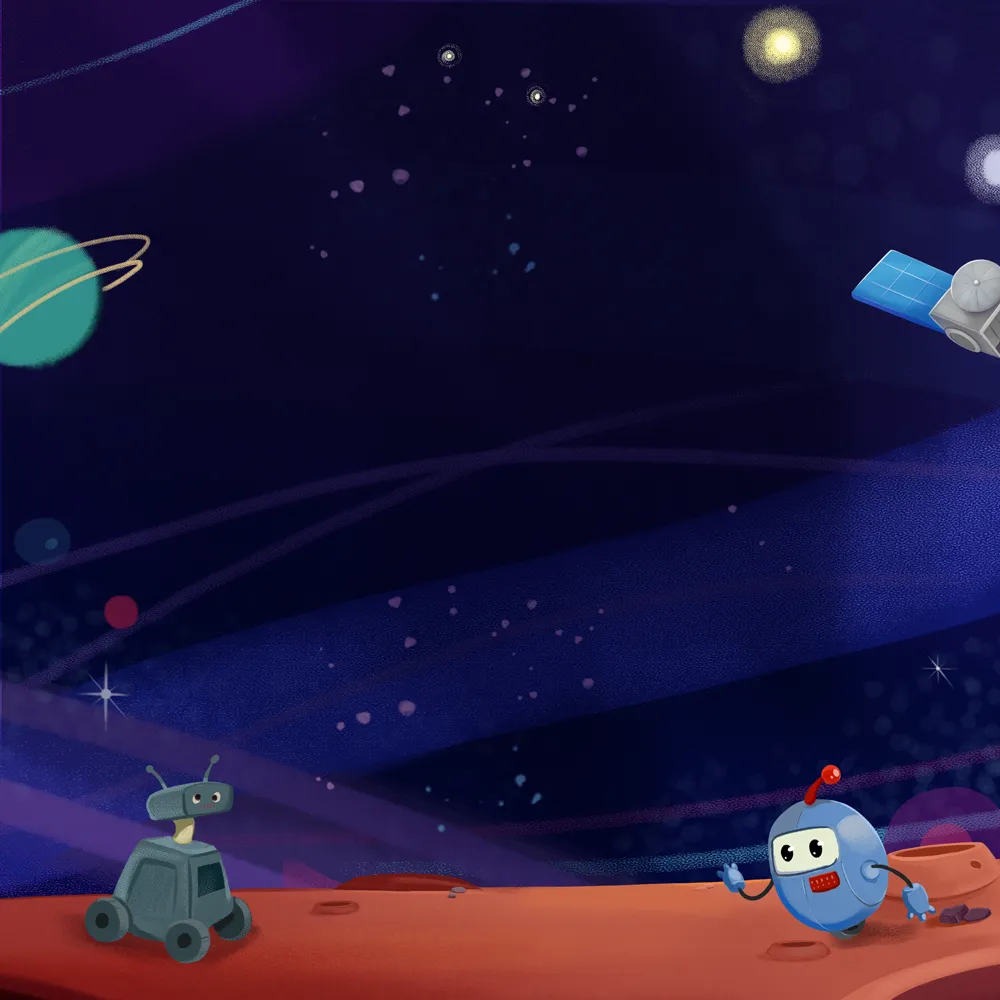 Two cartoon robots on a red planet surface with a starry sky, planets, and a satellite in the background.