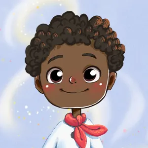 Cartoon illustration of a smiling boy with curly hair, wearing a white shirt and a red neckerchief against a pastel blue background.