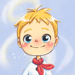 Illustration of a smiling blonde boy with big blue eyes wearing a white shirt and red neckerchief.
