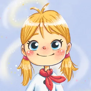 Illustration of a smiling blonde girl with pigtails wearing a red neckerchief and white shirt against a light blue background.