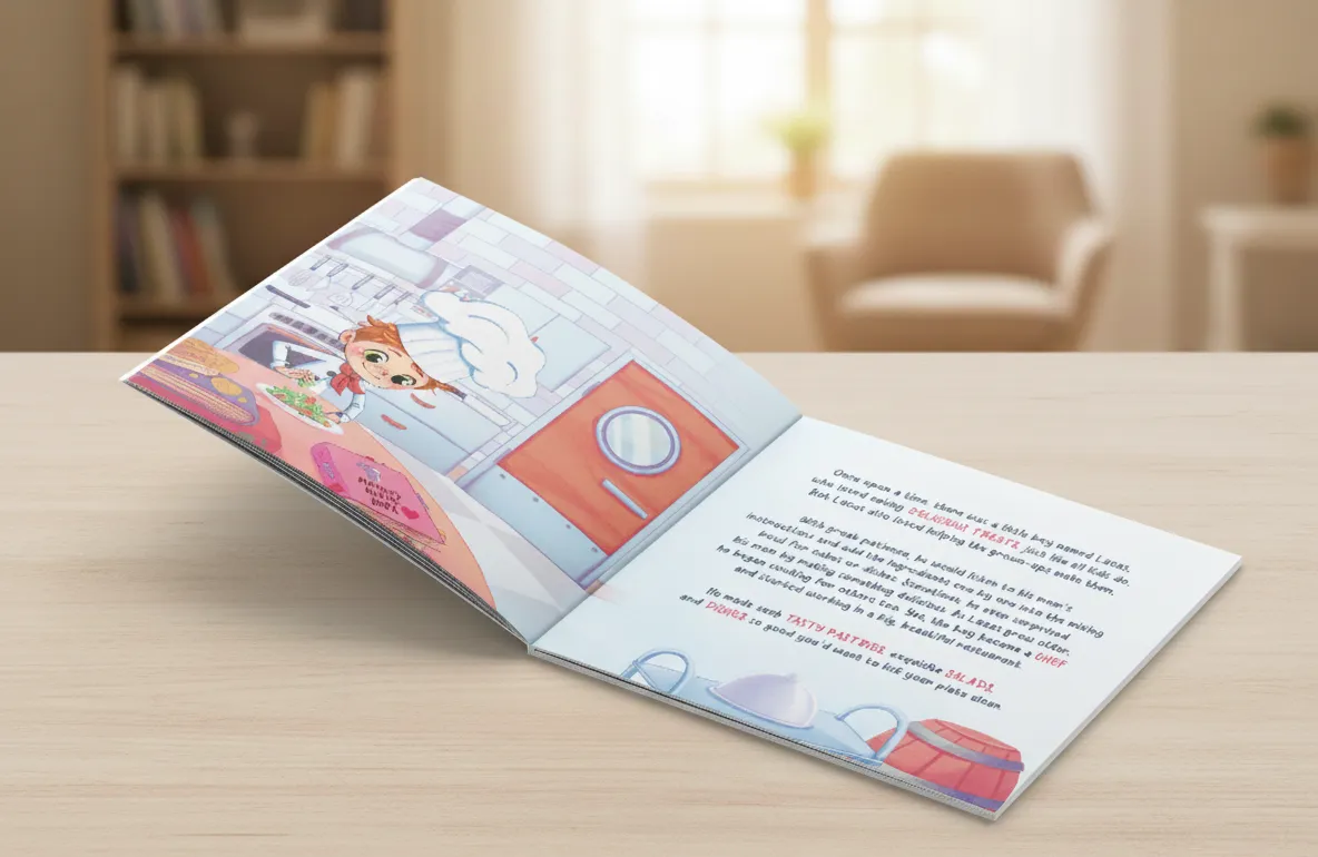 Open children's book showing an illustration of a cat chef in a kitchen and text narrating a story about Lucas the cat chef.