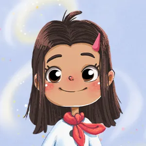 Illustration of a smiling girl with brown hair, a pink hair clip, red scarf, and white shirt on a light blue background.