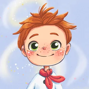 Illustration of a smiling red-haired boy with green eyes, freckles, and a red scarf against a light blue background.