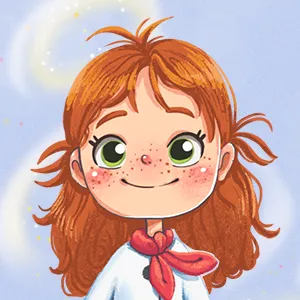 Illustration of a smiling girl with green eyes, freckles, red hair, and a red scarf.