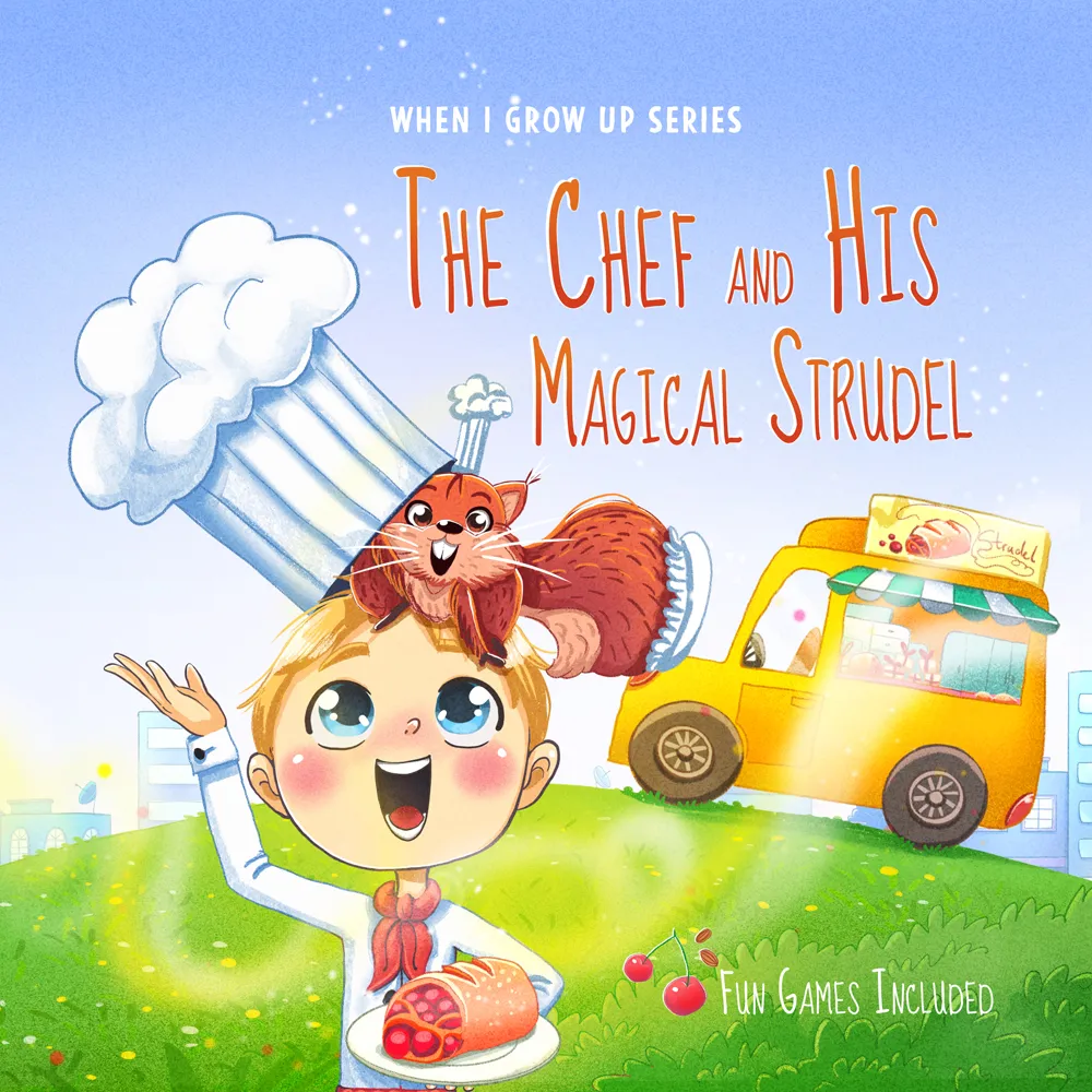 Illustration of a happy boy chef with a tall white chef hat and a squirrel on his head, holding a plate with a cherry strudel, standing on green grass with a yellow food truck in the background.