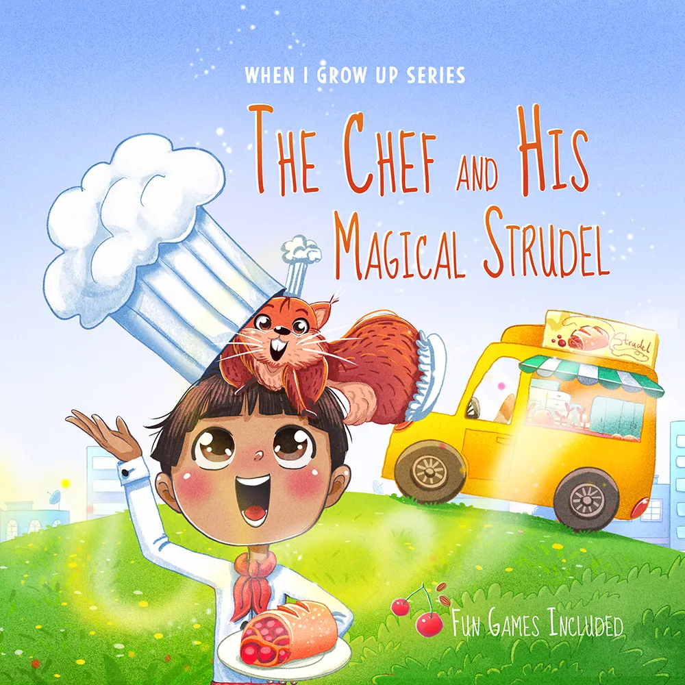 Illustration of a smiling child wearing a chef's hat with a happy squirrel on top, holding a plate with a cherry strudel beside a yellow food truck on a sunny grassy hill.