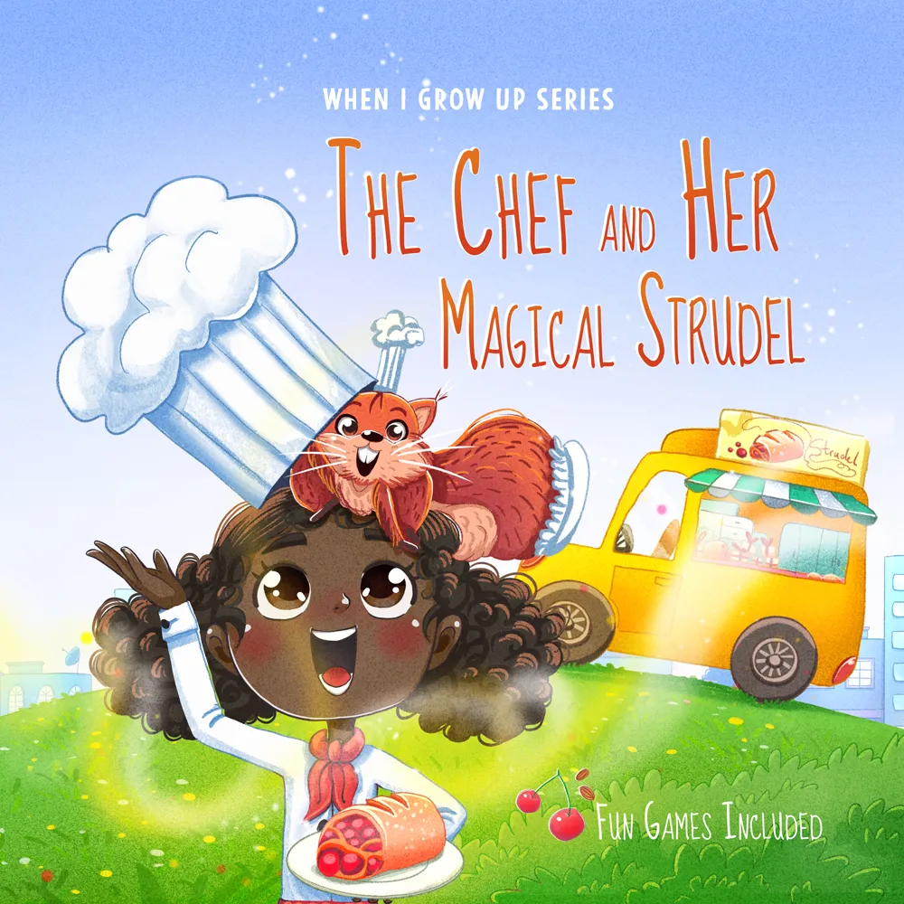 Illustration of a smiling girl with curly hair wearing a chef's hat with a happy red squirrel on it, holding a plate with a cherry strudel, with a yellow food truck in the background.