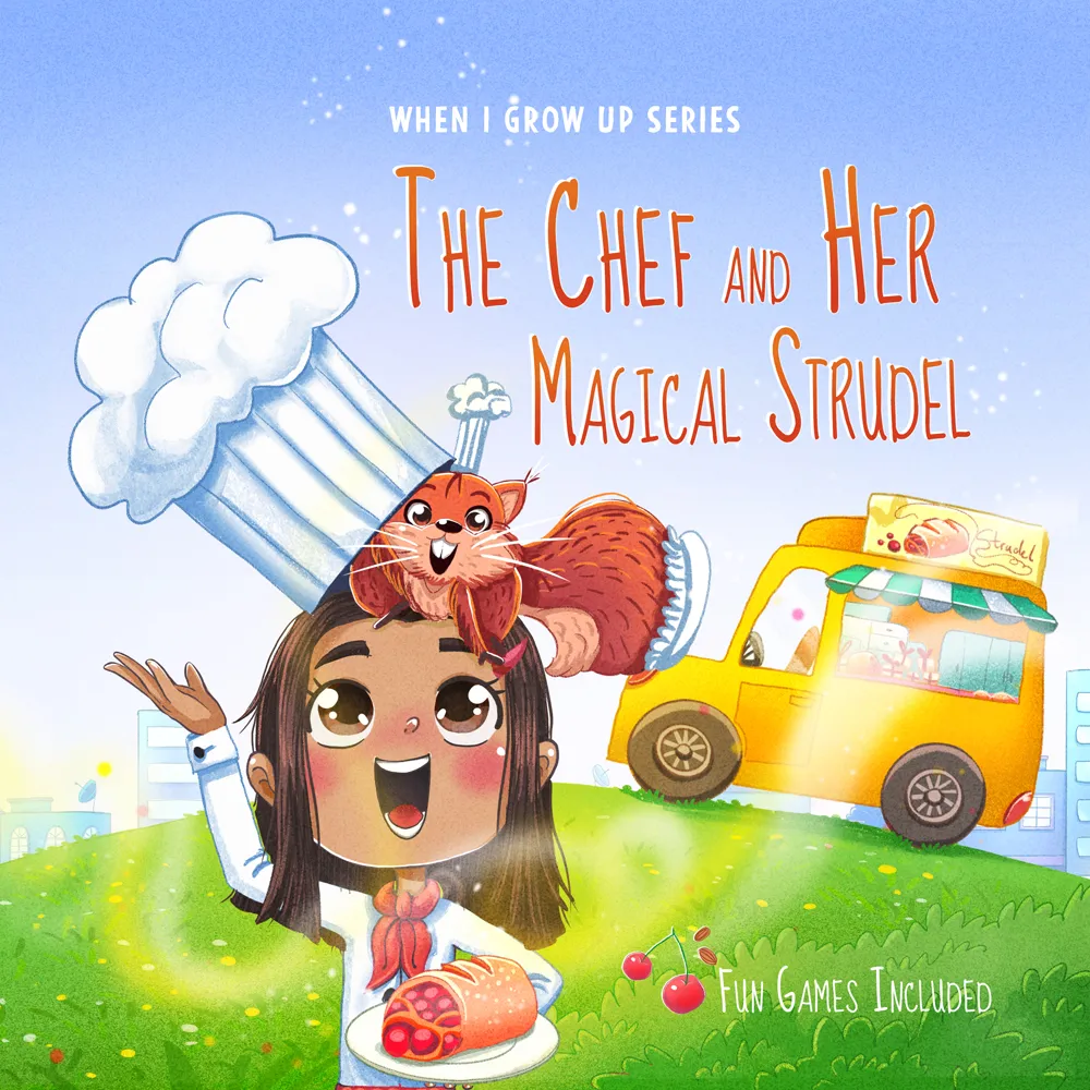 Cartoon girl chef with a squirrel wearing a chef hat, holding a plate with a cherry strudel, standing on a grassy hill with a yellow food truck in the background.