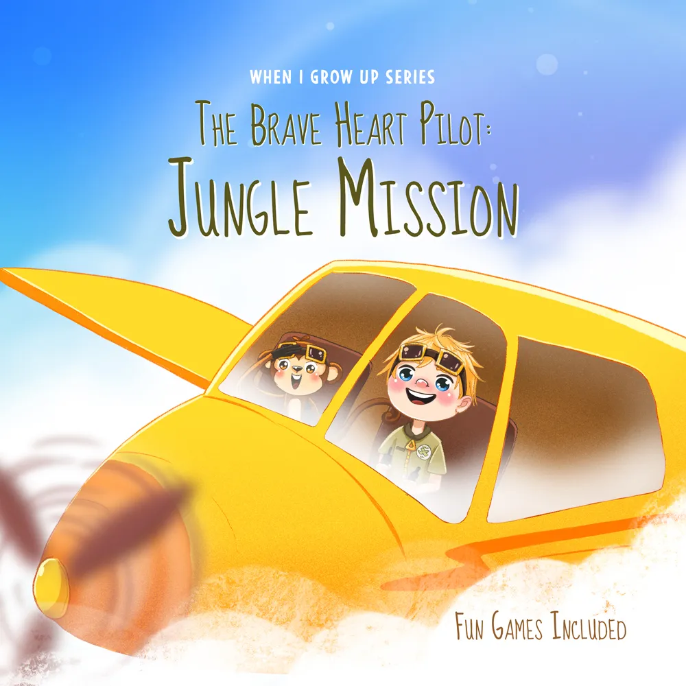Illustration of a smiling boy pilot and a monkey flying a yellow airplane with the title The Brave Heart Pilot: Jungle Mission and text Fun Games Included.