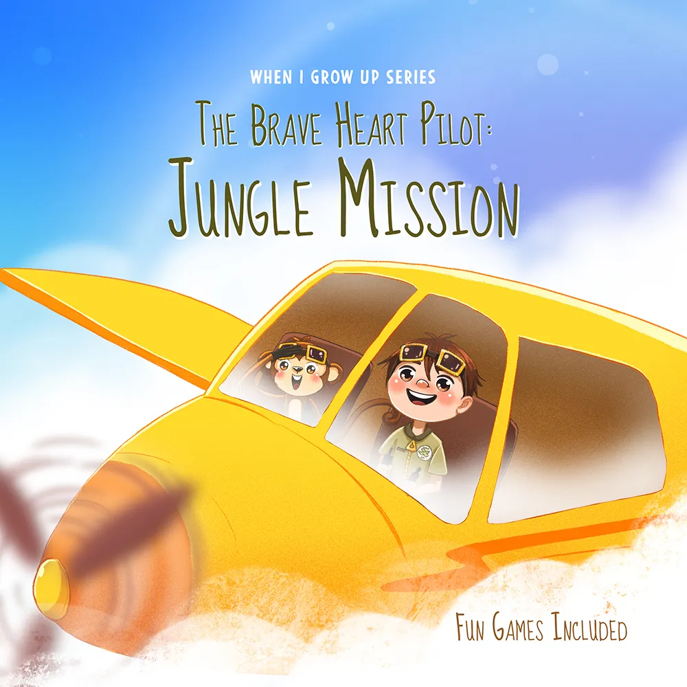 Illustration of a smiling boy and a monkey flying a yellow plane in a bright blue sky with the text 'When I Grow Up Series The Brave Heart Pilot: Jungle Mission Fun Games Included.'