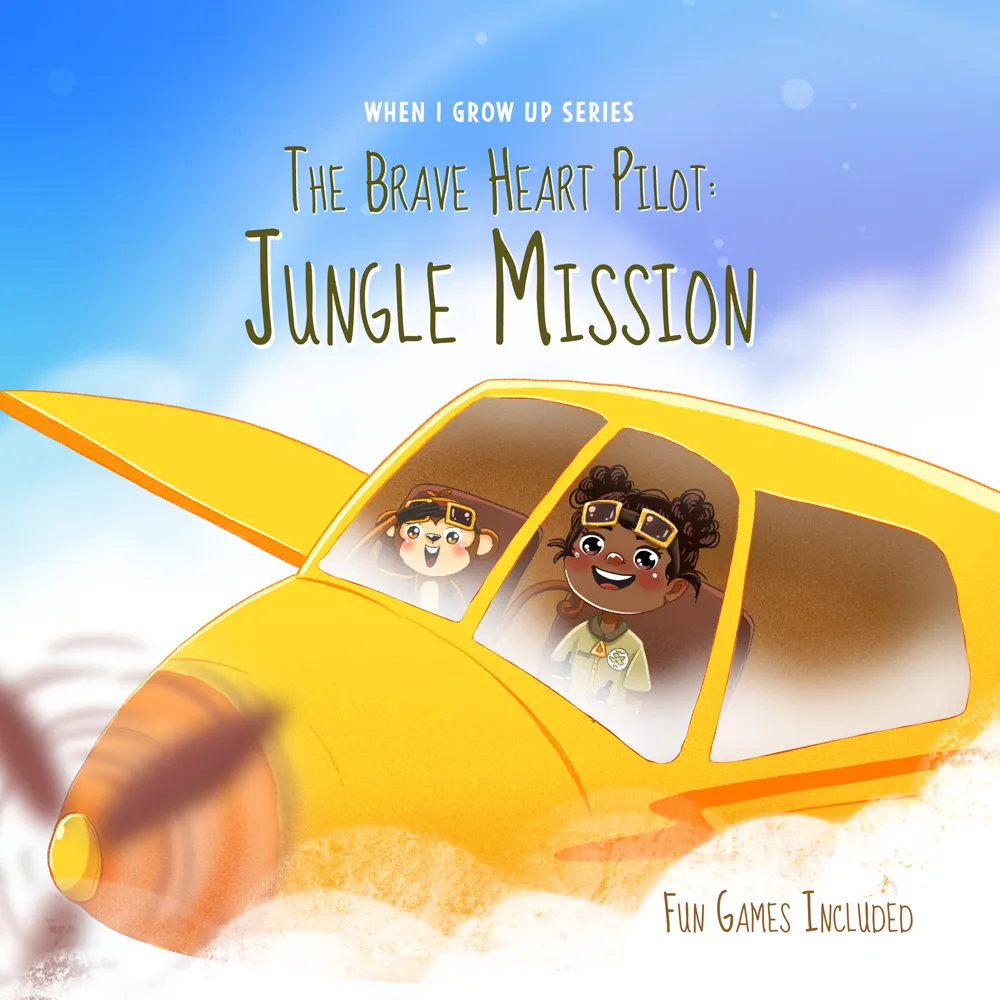Illustration of a girl pilot and a monkey co-pilot flying a yellow airplane with 'The Brave Heart Pilot: Jungle Mission' text above.