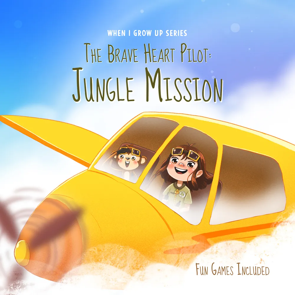 Illustration of a smiling girl pilot with goggles and a monkey co-pilot inside a yellow airplane flying in a blue sky.