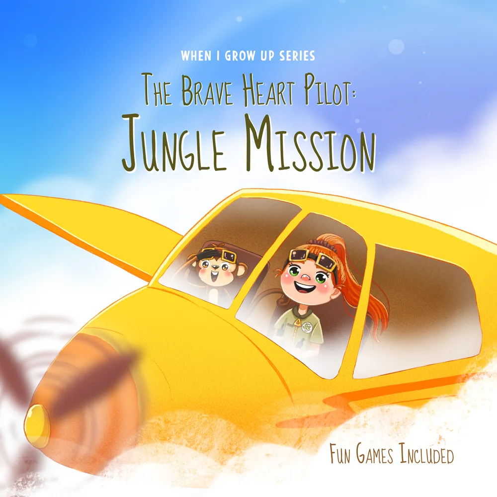 Illustration of a red-haired girl and a monkey wearing goggles flying a yellow plane with text: The Brave Heart Pilot: Jungle Mission, fun games included.