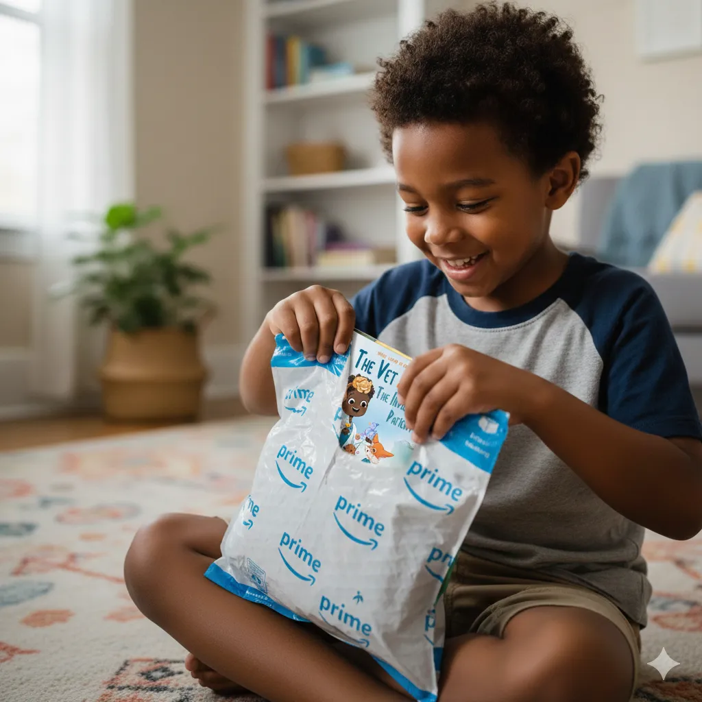 Smiling boy sitting cross-legged on a carpeted floor opening an Amazon Prime package containing a children's book titled 'The Vet.'
