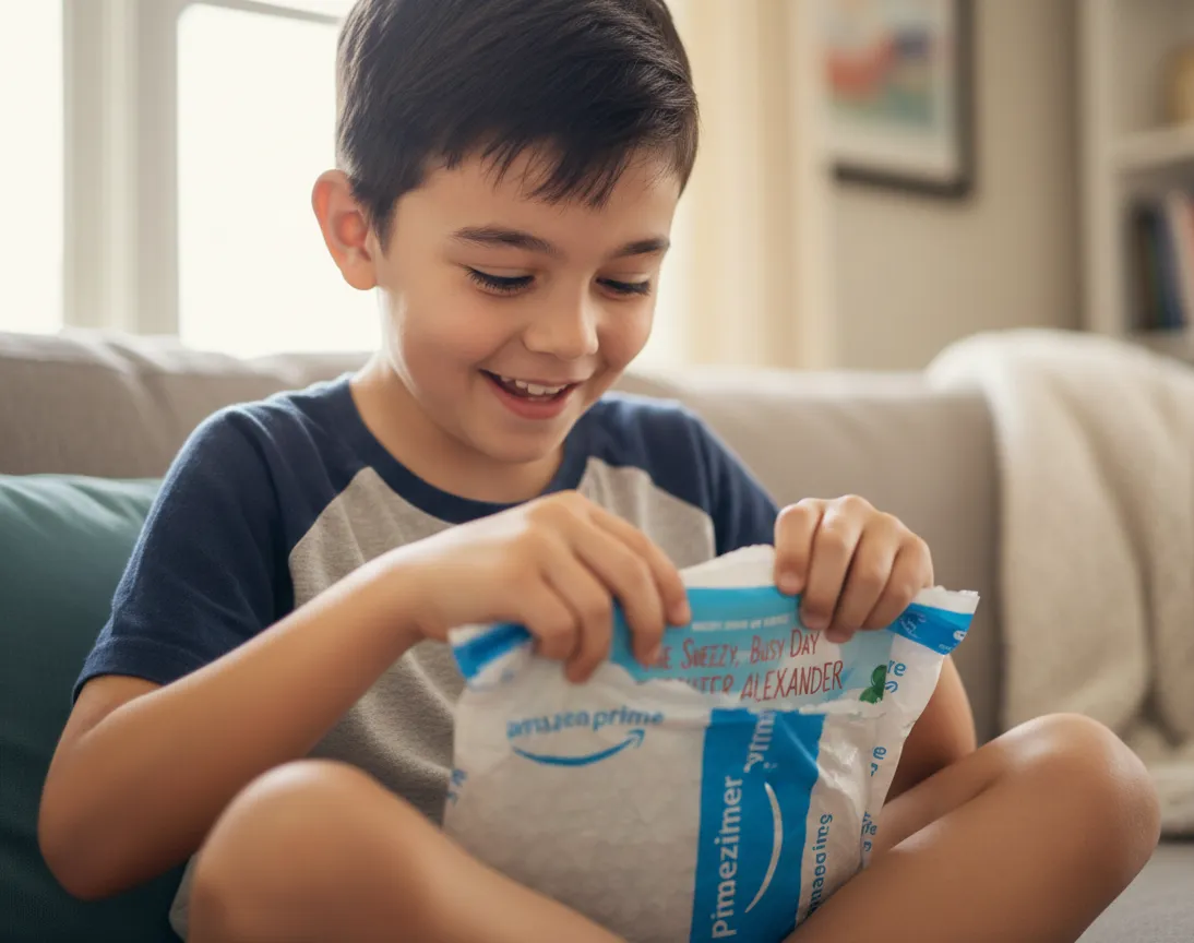 Smiling boy sitting on a couch opening an Amazon Prime package.