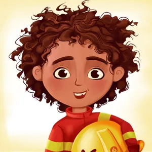 Young boy firefighter with curly hair smiling and holding a yellow helmet.