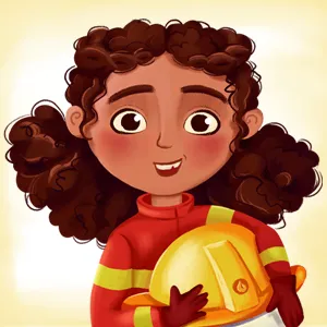 Smiling animated girl with curly hair wearing a firefighter uniform holding a yellow helmet.