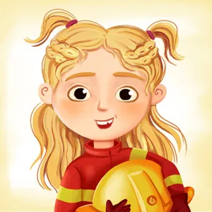 Cartoon blonde girl firefighter holding a yellow helmet, smiling, with hair in pigtails.