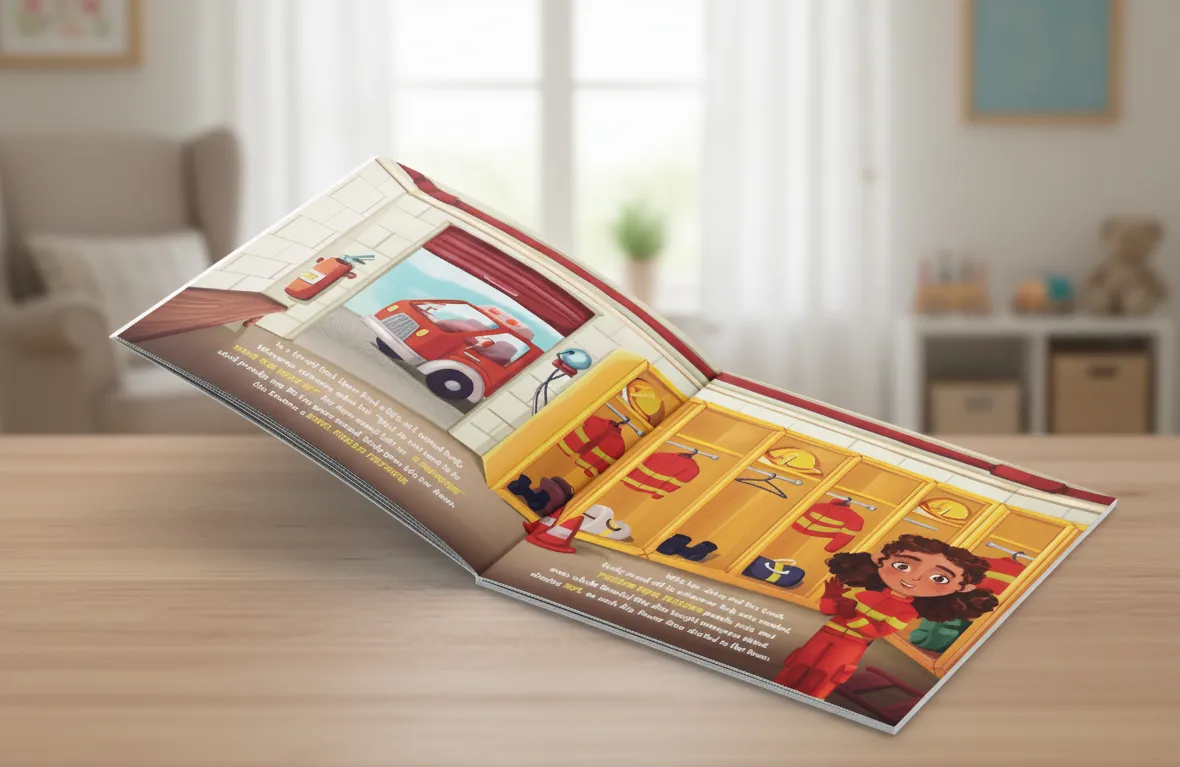 Open children's book illustration showing a fire truck in a garage and a girl firefighter in uniform standing by yellow lockers with firefighting gear.