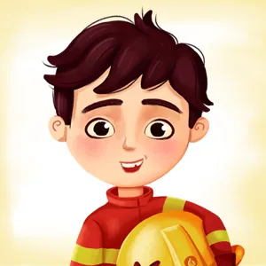 Illustration of a smiling boy with brown hair wearing a red firefighter jacket and holding a yellow firefighter helmet.