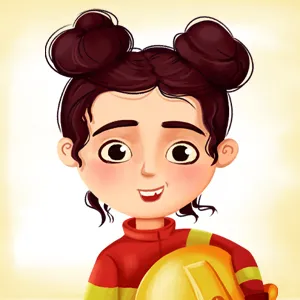 Illustration of a young girl firefighter with dark hair in two buns, wearing a red uniform and holding a yellow firefighter helmet.