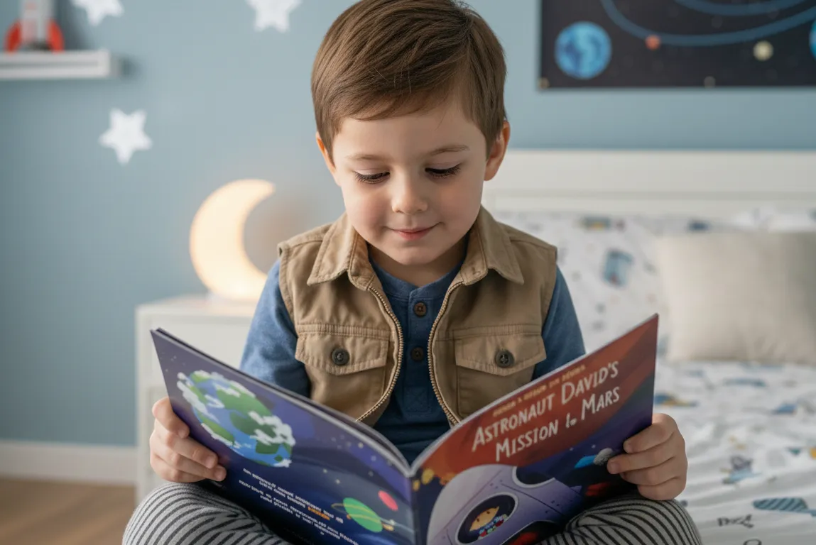 Young boy sitting on a bed reading a book titled 'Astronaut David's Mission to Mars'.