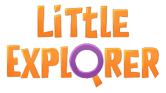 Orange text reading 'LITTLE EXPLORER' with the 'O' in EXPLORER stylized as a purple magnifying glass.