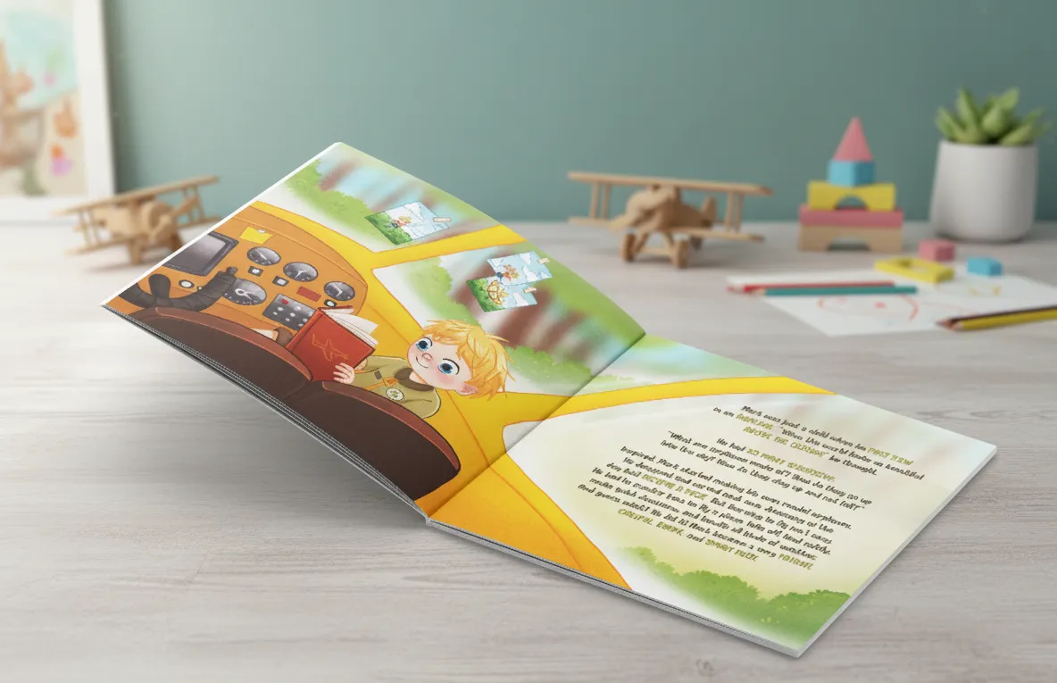 Open children's book featuring a cartoon boy reading inside a yellow airplane cockpit with a black cat, resting on a wooden table with toys and a plant in the background.