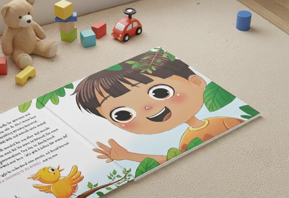 Open children's book on carpet showing a smiling cartoon child waving at a yellow bird on a leafy branch, with toys including a teddy bear, blocks, and a red car around it.