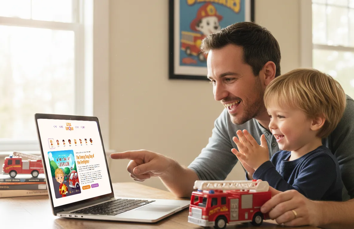 Smiling man and young boy looking at a laptop screen while holding a toy fire truck, with another toy fire truck and books on the table.