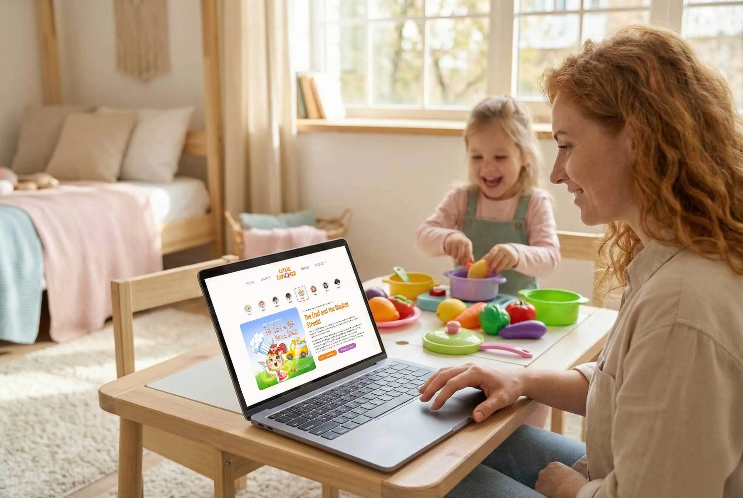 A woman using a laptop displaying a children’s story website while a young girl plays with toy fruits and vegetables at a wooden table in a cozy room.