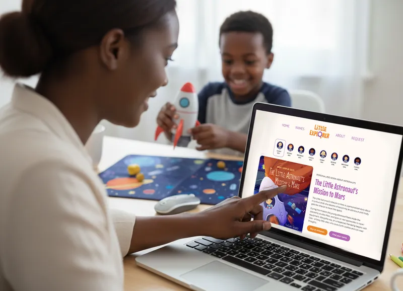 Woman pointing at a laptop screen displaying a children's book website titled 'The Little Astronaut's Mission to Mars,' while a child plays with a toy rocket in the background.