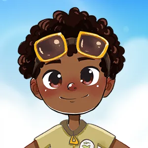 Smiling cartoon boy with curly hair and large yellow sunglasses on his head against a blue sky background.