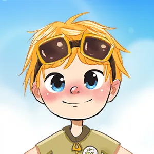 Cartoon boy with blonde hair wearing large yellow goggles on his head and a beige shirt, smiling against a blue sky background.