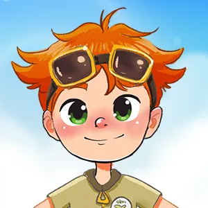 Cartoon boy with tousled orange hair, green eyes, and yellow goggles resting on his head against a blue sky.