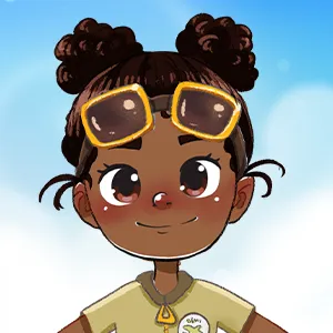 Illustration of a smiling young girl with dark skin and two buns hairstyle wearing sunglasses on her head against a blue sky background.