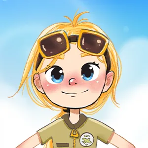 Cartoon of a blonde girl with blue eyes wearing large sunglasses on her head and a green pilot uniform.