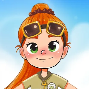 Illustration of a girl with red hair tied in a bun wearing goggles on her head and a beige shirt with a badge.