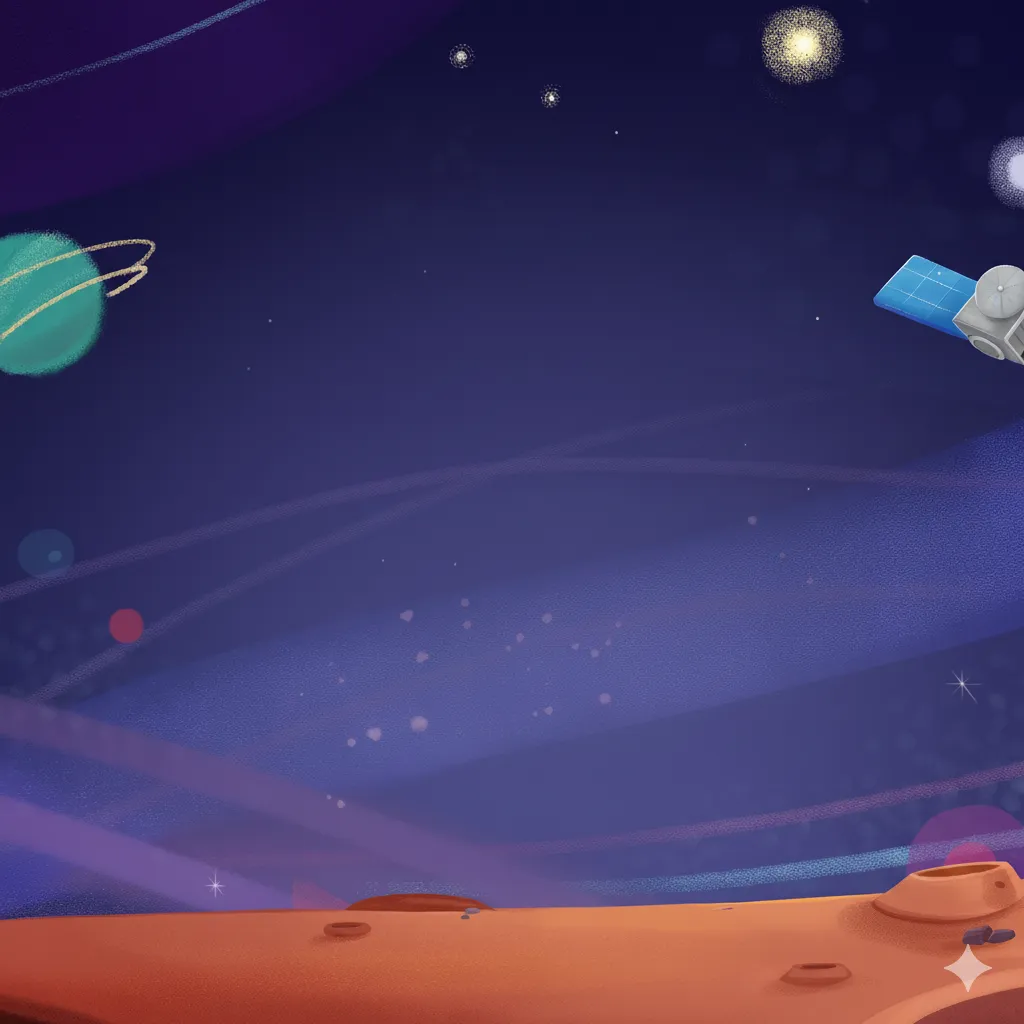 Illustration of a red planet surface with craters, a satellite in orbit, a green planet with rings, and a starry dark blue space background.