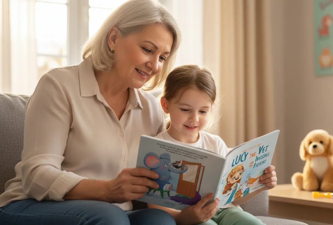 Older woman and young girl sitting on a couch reading a children's book titled 'Lucy the Vet and the Invisible Patient'.