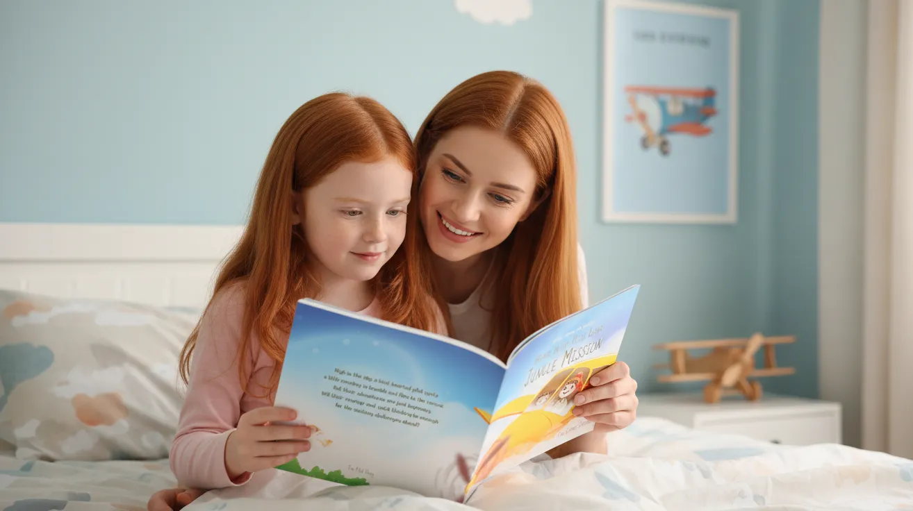 A smiling red-haired woman reading a colorful children's book titled 'Jungle Mission' with a young red-haired girl in a softly lit bedroom.