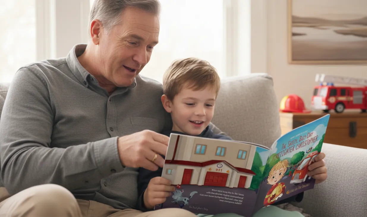 Older man and young boy sitting on a couch reading a children's book about firefighters together.