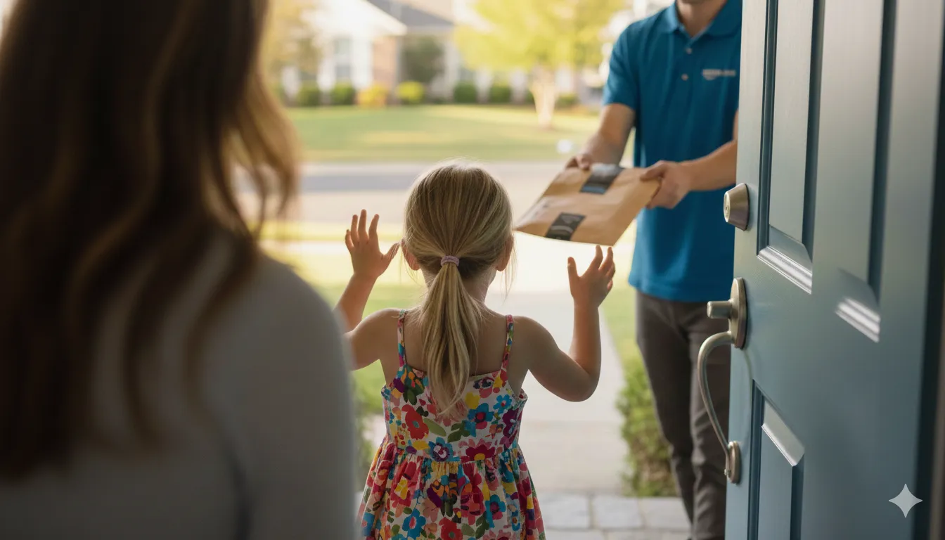 A delivery person hands a parcel to a young girl in a floral dress standing at an open front door, while an adult watches from behind.