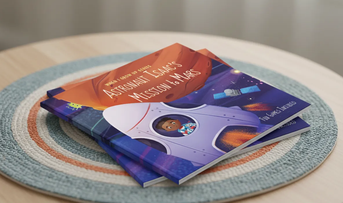 Stack of children's books titled 'Astronaut Isaac's Mission to Mars' featuring an illustration of a boy in a rocket ship and a satellite in space.
