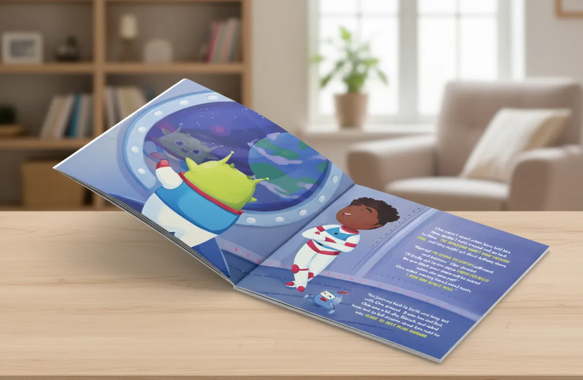 Open children's book illustration of a child in a spacesuit and a green alien looking out a spaceship window at Earth and a cat floating in space.