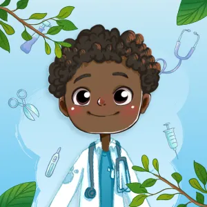 Illustration of a smiling Black boy with curly hair dressed as a doctor, wearing a white coat and stethoscope, surrounded by medical tools and green leaves.