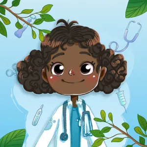 Illustration of a smiling Black female veterinarian in a white coat with stethoscope and medical tools around her and leafy branches framing the image.