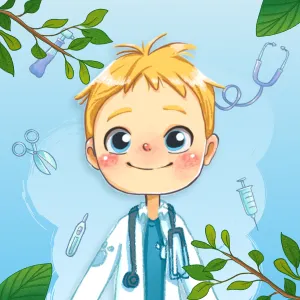 Illustration of a smiling young male doctor with blond hair, wearing a white coat and stethoscope, surrounded by medical tools and green leaves.