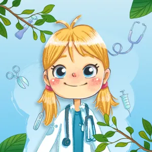 Illustration of a cheerful blonde girl in a white lab coat and stethoscope surrounded by medical tools and green leaves.
