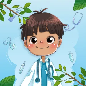 Cartoon illustration of a smiling boy wearing a white lab coat and a stethoscope around his neck, surrounded by medical tools and green leaves.